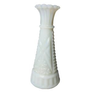Anchor Hocking Milk Glass Vase Short 6" Embossed Stars Bars Triangle Shape Bud